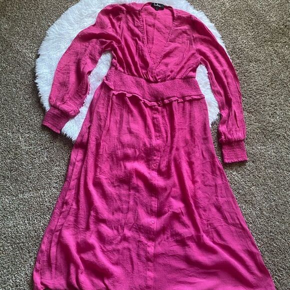 Lulus Go For It Pink Dress Faux Button Down Stretch Cottage Barbie Large - Picture 1 of 12